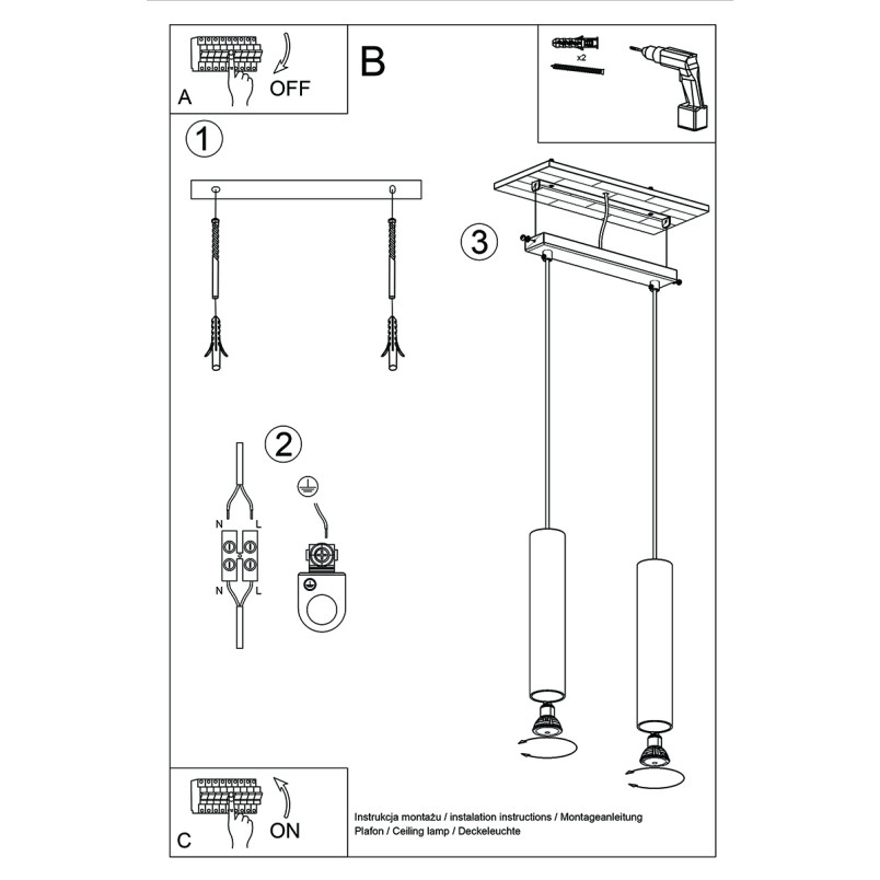 Lampa wisząca Lagos Long 2 tuby - złoty połysk | Sollux