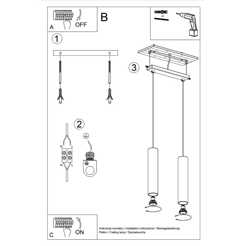 Lampa wisząca 2 tuby Lagos Long | Sollux | Czerwona