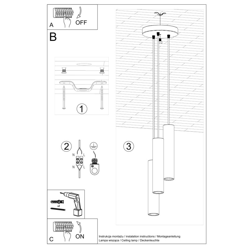 Lampa wisząca 3 tuby Lagos | Sollux - nowoczesny design