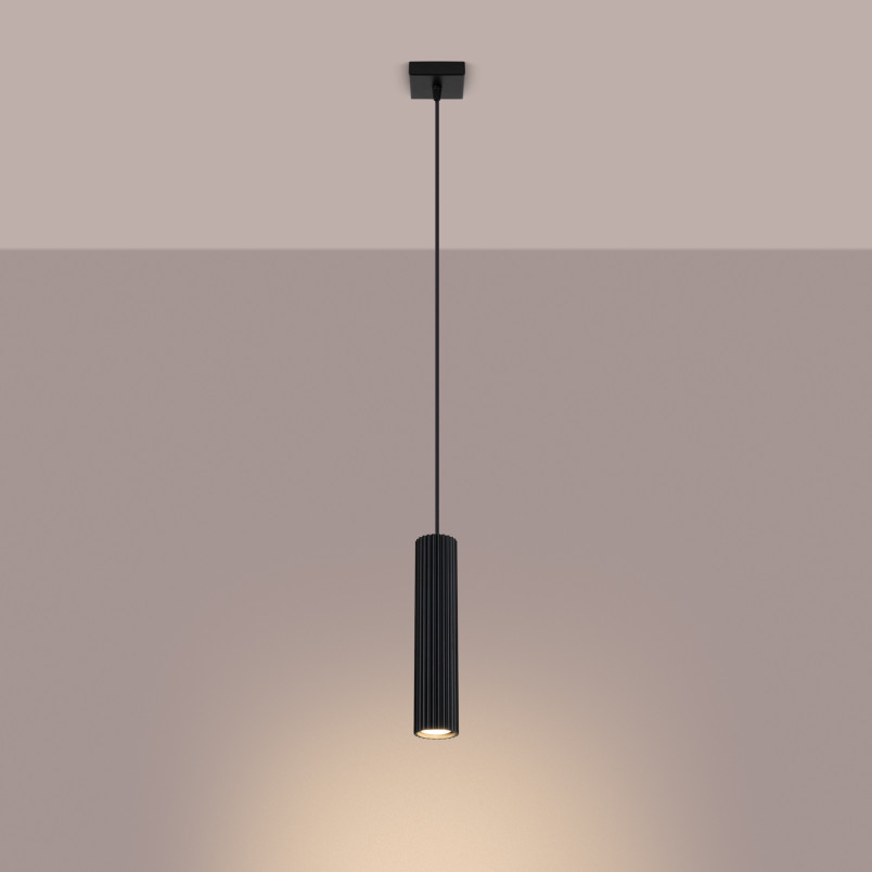 Lampa wisząca Karbon Sollux | Czarna tuba ryflowana