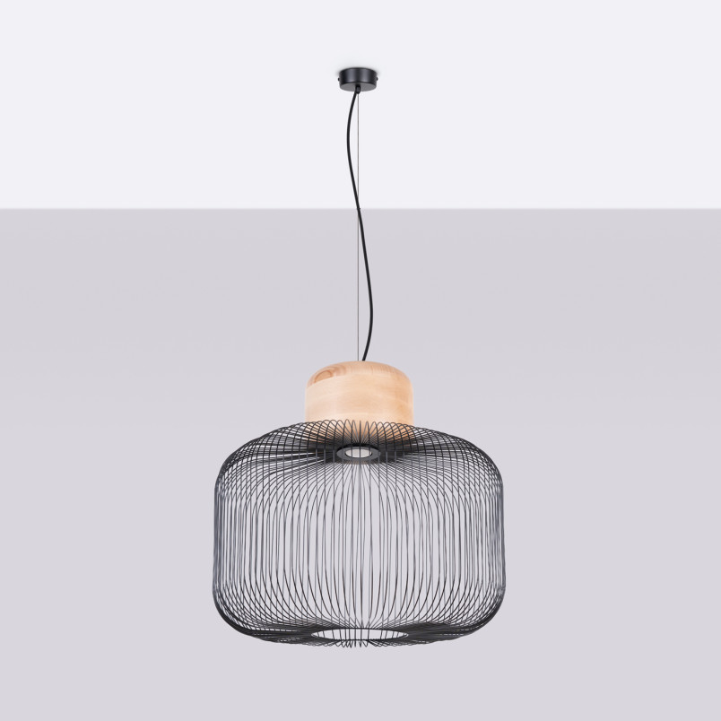 Lampa wisząca Gabbia czarna Sollux | Loftowa, z drewnem, 55cm