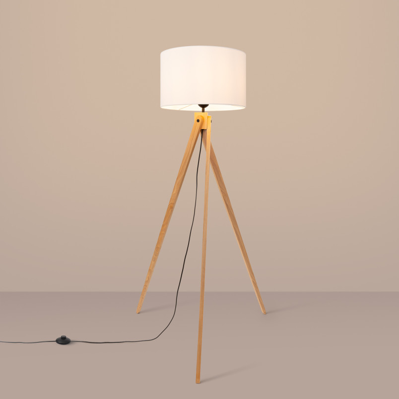 Lampa podłogowa Sollux Natt | Drewniany trójnóg, biały abażur