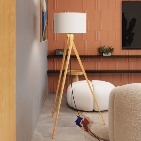 Lampa podłogowa Sollux Natt | Drewniany trójnóg, biały abażur