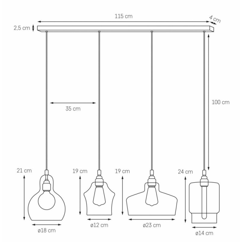 Lampa wisząca retro Kaspa Longis 115cm - Szkło, 4 punkty