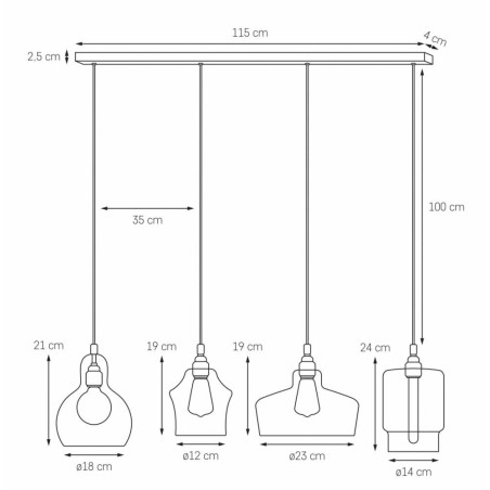 Lampa wisząca retro Kaspa Longis 115cm - Szkło, 4 punkty