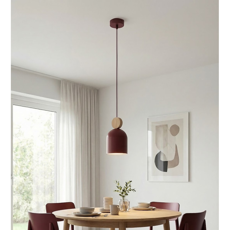 Lampa wisząca Mesi - metal i drewno, burgundzki kolor | Emibig
