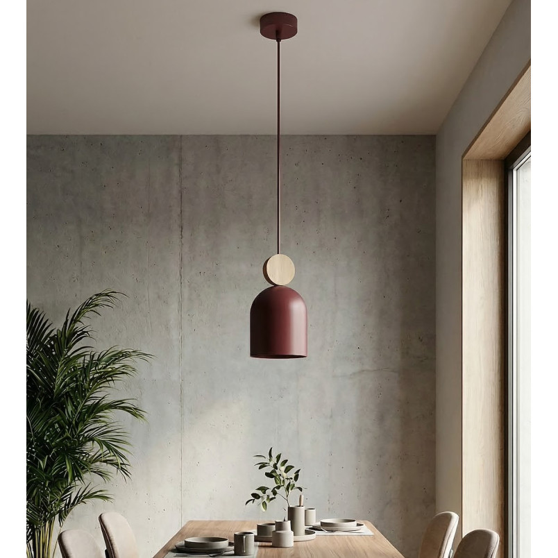Lampa wisząca Mesi - metal i drewno, burgundzki kolor | Emibig