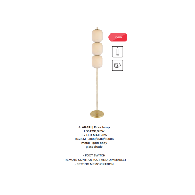 Lampa podłogowa ZumaLine Akari: Szkło, LED, Złoty