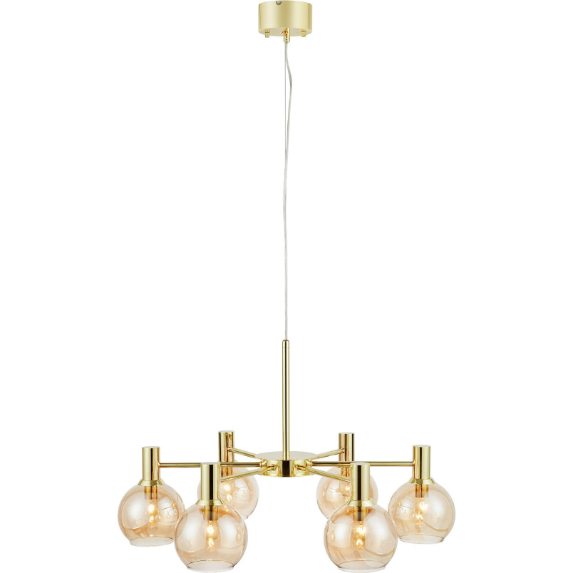 Lampa wisząca 6 szklanych kul w stylu glamour Ambra 75cm mosiądz / bursztynowy Markslojd