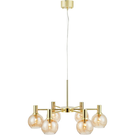 Lampa wisząca 6 szklanych kul w stylu glamour Ambra 75cm mosiądz / bursztynowy Markslojd