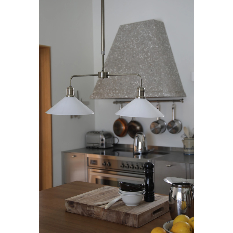 Lampa wisząca 2 punktowa szklana vintage Vela 75cm antyczny mosiądz / błyszczący biały Markslojd