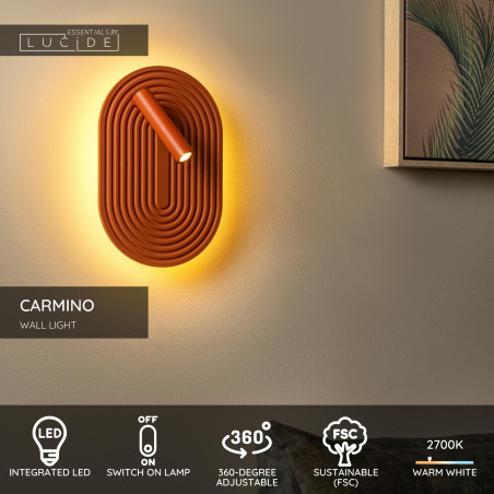 Kinkiet owalny ryflowany z reflektorkiem Carmino LED 27000K terracotta Essential Lucide