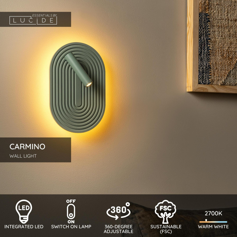 Kinkiet owalny ryflowany z reflektorkiem Carmino LED 27000K zielony Essential Lucide