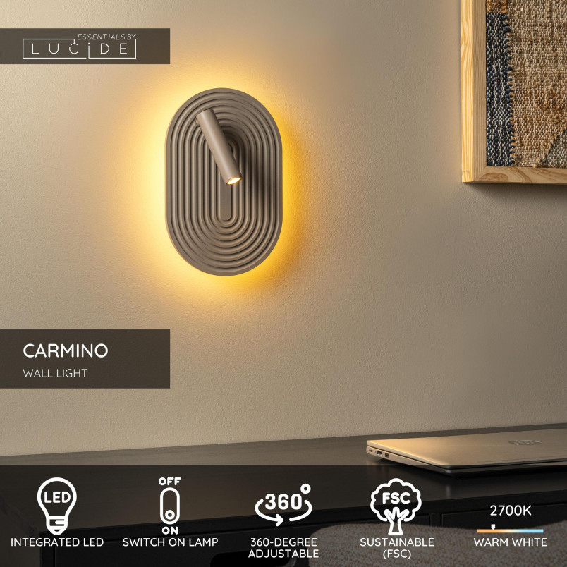Kinkiet owalny ryflowany z reflektorkiem Carmino LED 27000K taupe Essential Lucide