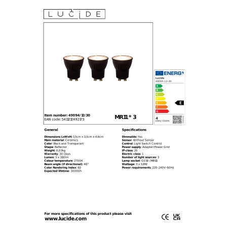 MR11 * 3 Led bulb Ø 3,5 cm LED Dim. GU10 (MR11) 3x3,8W 2700K Black Set of 3 Lucide