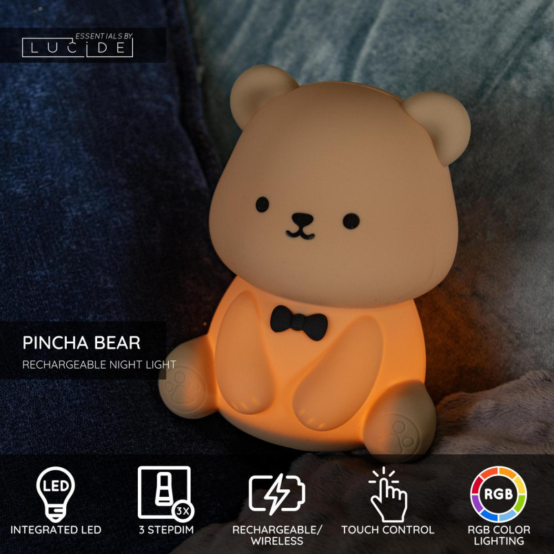 PINCHA BEAR Rechargeable Table lamp Children Battery pack LED 3 StepDim 1x0,5W 2100K Rgb Brown - Essential Lucide