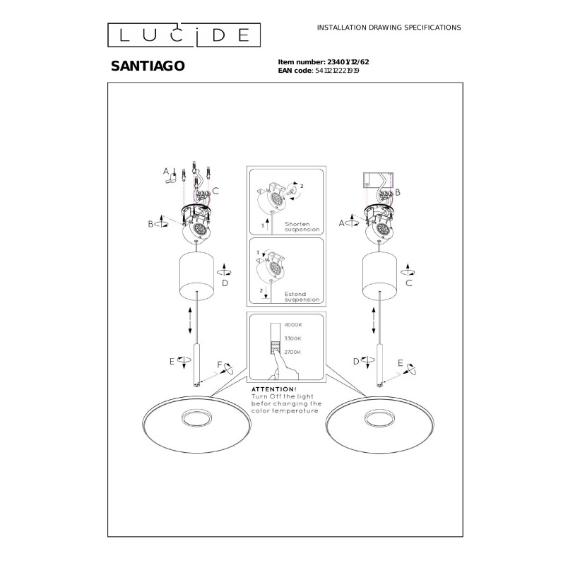 SANTIAGO Pendant light LED Dim. CCT 1x16W 2700K/4000K Amber - Premium Lucide