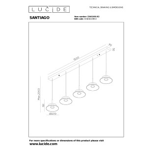 SANTIAGO Pendant light LED Dim. CCT 5x10W 2700K/4000K Amber - Premium Lucide