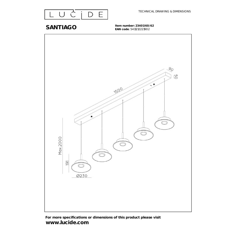 SANTIAGO Pendant light LED Dim. CCT 5x10W 2700K/4000K Amber - Premium Lucide
