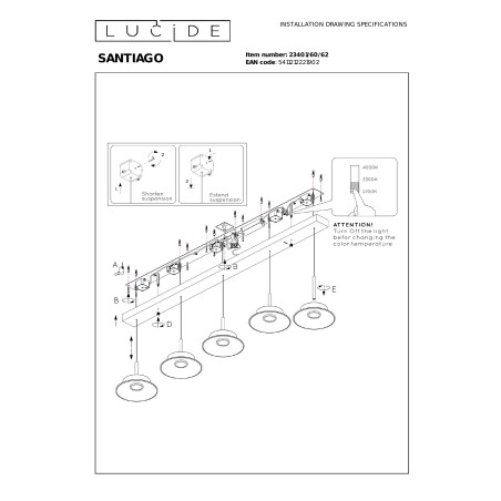 SANTIAGO Pendant light LED Dim. CCT 5x10W 2700K/4000K Amber - Premium Lucide