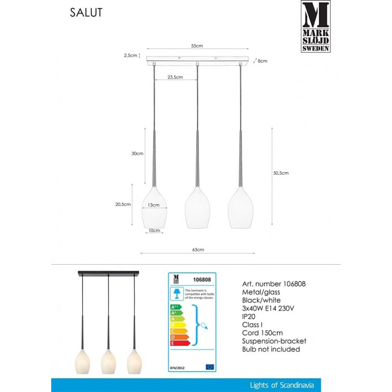 Lampa wisząca Salut - białe szkło, 3 punkty | Markslojd