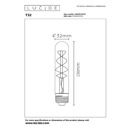 Żarówka filamentowa E27 LED T32 3cm H15cm 4,9W 2200K bursztynowa Lucide