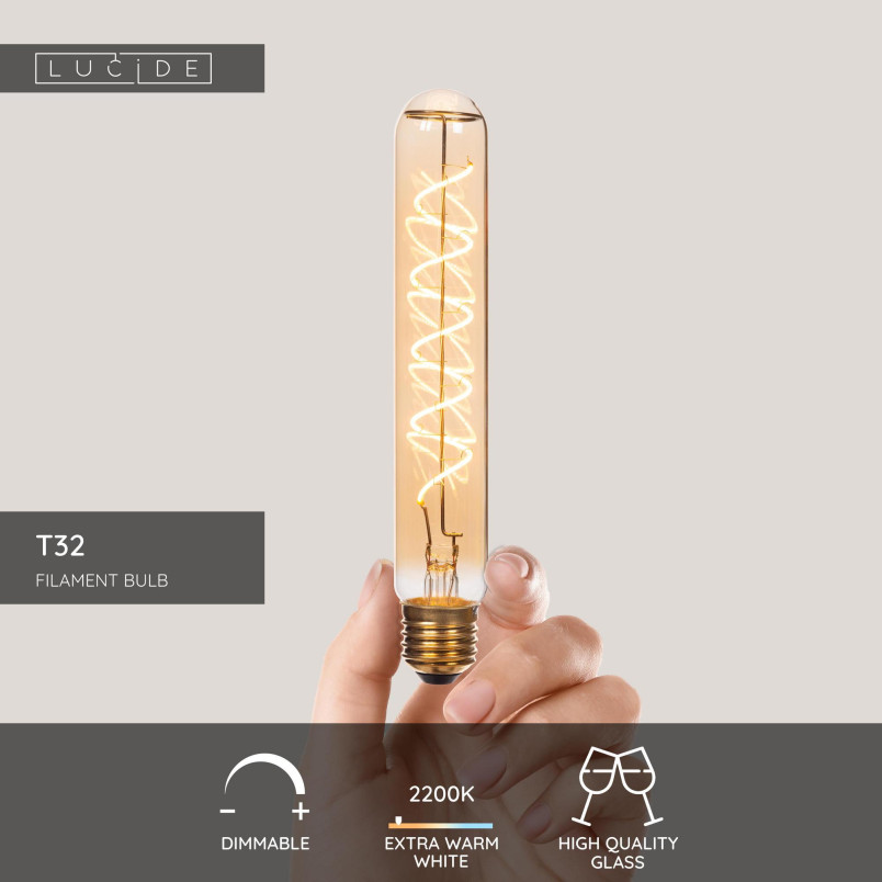 Żarówka filamentowa E27 LED T32 3,2cm H20cm 4,9W 2200K bursztynowa Lucide