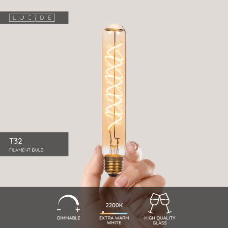 Żarówka filamentowa E27 LED T32 3,2cm H20cm 4,9W 2200K bursztynowa Lucide