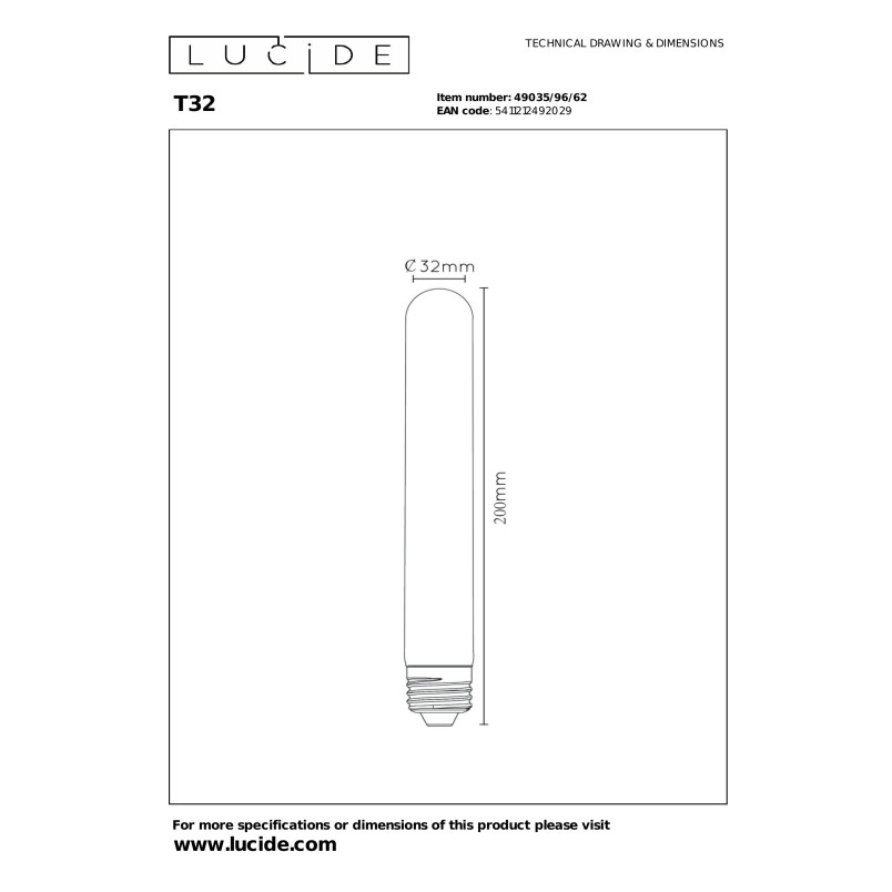 Żarówka filamentowa E27 LED T32 3,2cm H20cm 4,9W 2200K bursztynowa Lucide