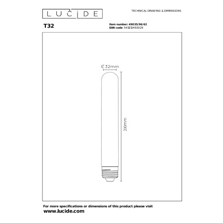 Żarówka filamentowa E27 LED T32 3,2cm H20cm 4,9W 2200K bursztynowa Lucide