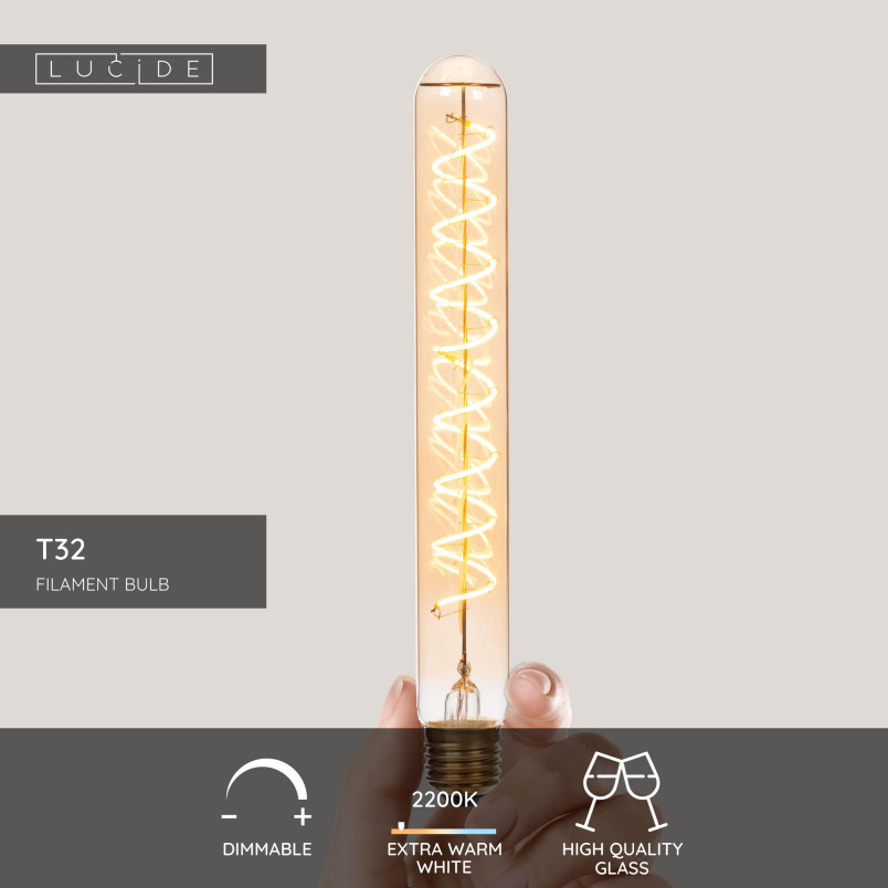 Żarówka filamentowa E27 LED T32 3,2cm H25cm 4,9W 2200K bursztynowa Lucide