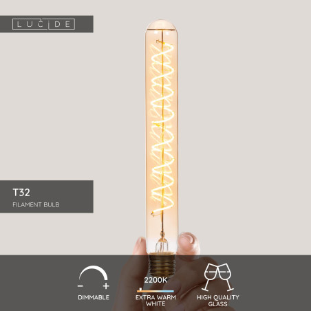 Żarówka filamentowa E27 LED T32 3,2cm H25cm 4,9W 2200K bursztynowa Lucide