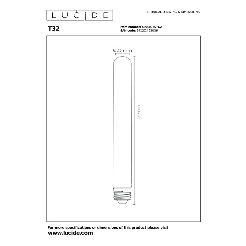 Żarówka filamentowa E27 LED T32 3,2cm H25cm 4,9W 2200K bursztynowa Lucide