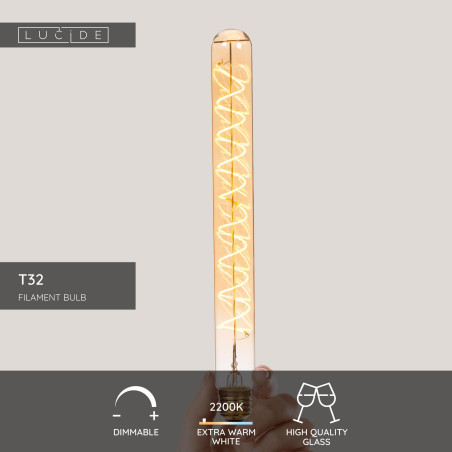 Żarówka filamentowa E27 LED T32 3,2cm H30cm 4,9W 2200K bursztynowa Lucide