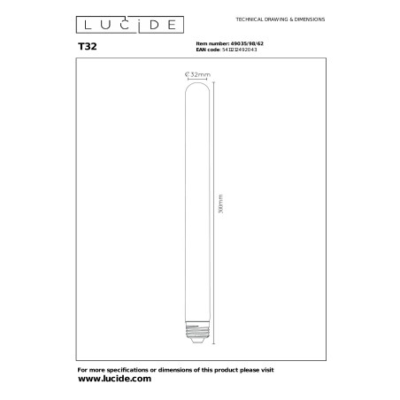 Żarówka filamentowa E27 LED T32 3,2cm H30cm 4,9W 2200K bursztynowa Lucide