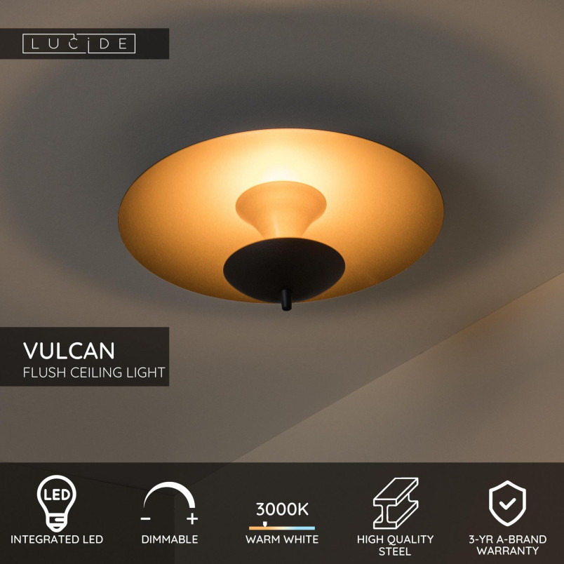 VULCAN Flush ceiling light D35 cm LED Dim. 1x9W 3000K Black Lucide