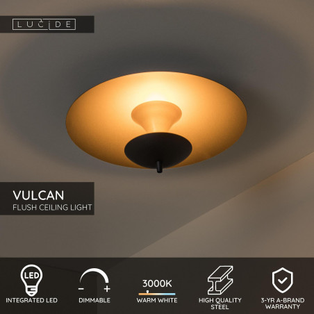 VULCAN Flush ceiling light D35 cm LED Dim. 1x9W 3000K Black Lucide