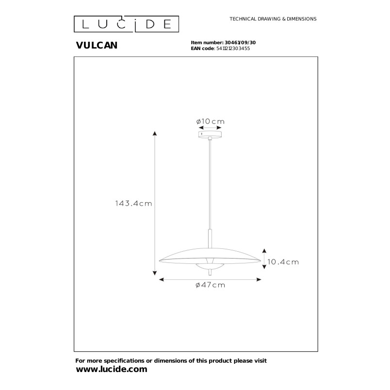 VULCAN Pendant light D45 cm LED Dim. 1x9W 3000K Black Lucide