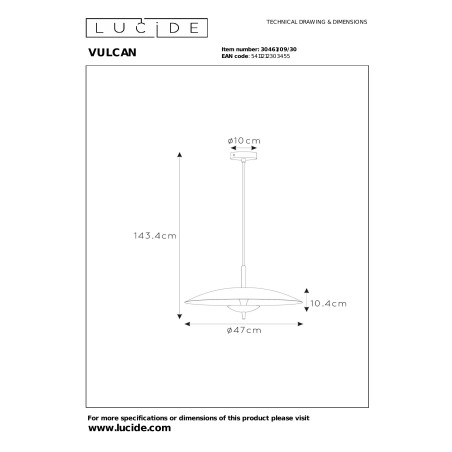 VULCAN Pendant light D45 cm LED Dim. 1x9W 3000K Black Lucide