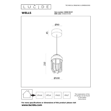 WELLS Pendant light Indoor/Outdoor Ø 10 cm LED 1x8W 2700K IP54 Rust Brown - Essential Lucide