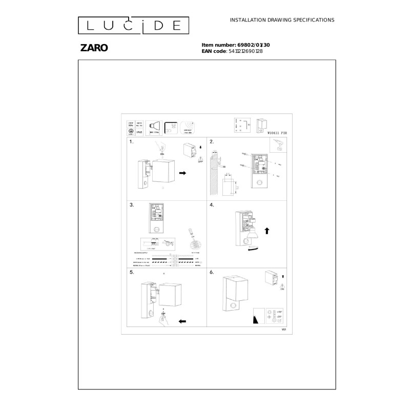 ZARO IR Wall spotlight Outdoor 1xGU10 IP65 Black Lucide