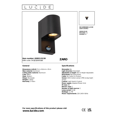 ZARO IR Wall spotlight Outdoor 1xGU10 IP65 Black Lucide