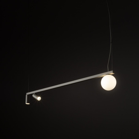 Lampa wisząca z 2 reflektorami i szklaną kulą Fourty III 107cm biały / jedwabny szary Nowodvorski
