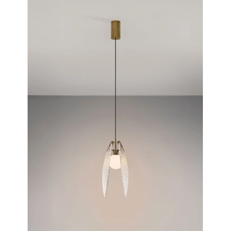 Lampa wisząca szklana Helis LED 3000K 14cm szkło strukturalne / antyczny mosiądz
