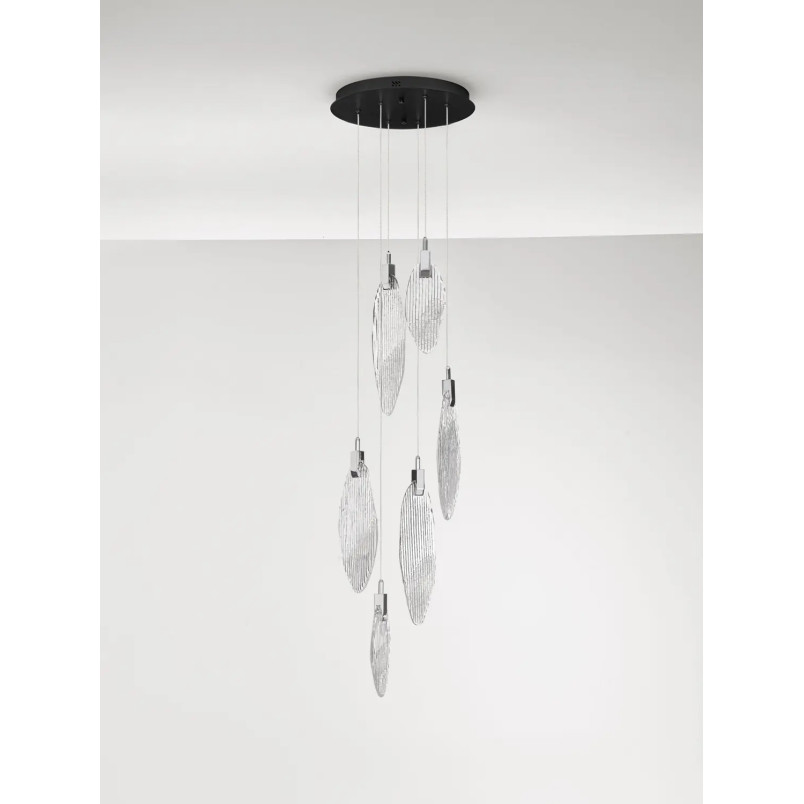 Lampa wisząca szklana dekoracyjna 6 punktowa Riqu LED 3000K 40cm szkło strukturalne / chrom