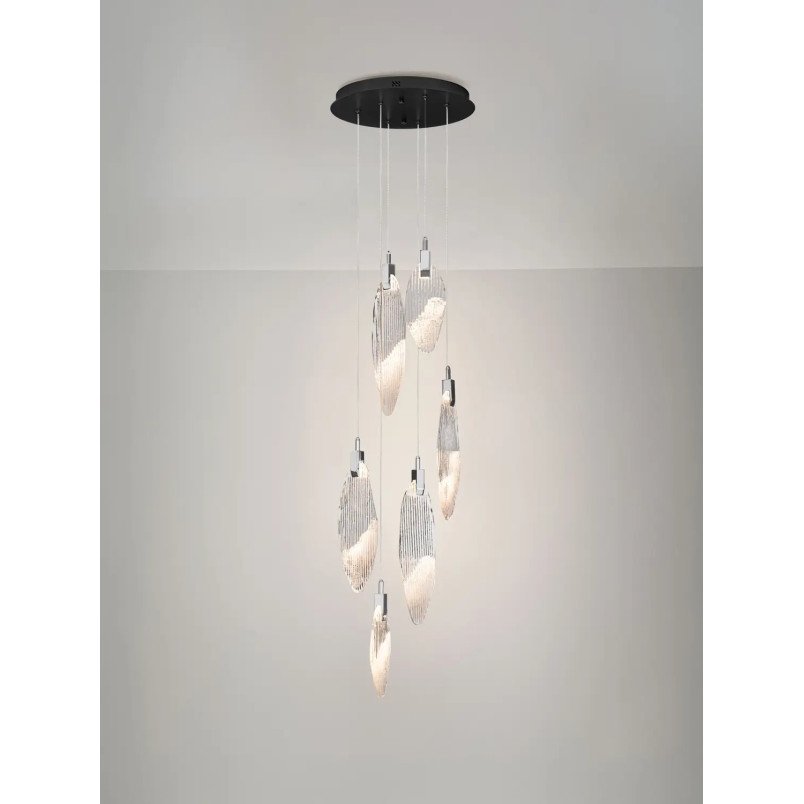 Lampa wisząca szklana dekoracyjna 6 punktowa Riqu LED 3000K 40cm szkło strukturalne / chrom