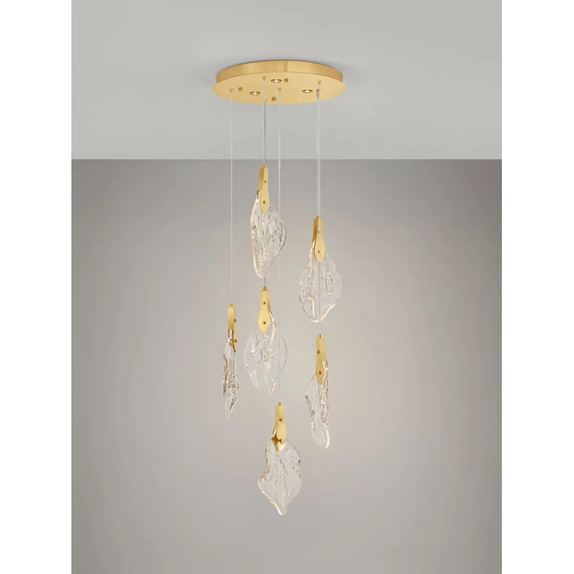Lampa wisząca szklana 6 punktowa Nellina LED 3000K 50cm złoty / szkło strukturalne