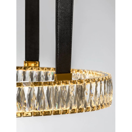 Lampa wisząca kryształowa okrągła Zaura LED 3000K 63cm złoty / czarny pasek skórzany