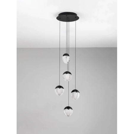Lampa wisząca szklana 5 punktowa Sofia LED 3000K 33cm szkło cloud / czarny