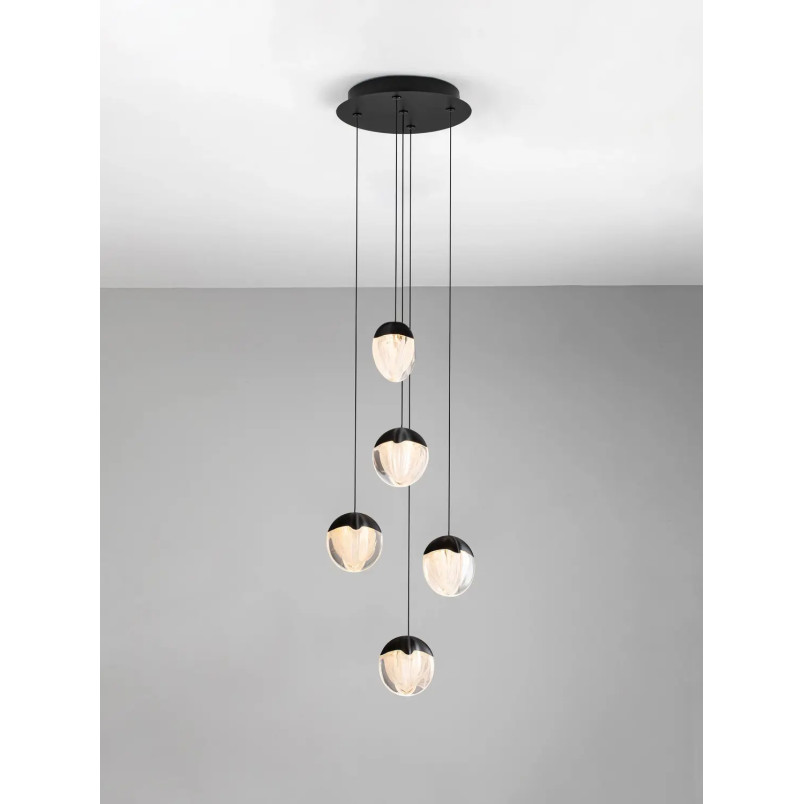 Lampa wisząca szklana 5 punktowa Sofia LED 3000K 33cm szkło cloud / czarny